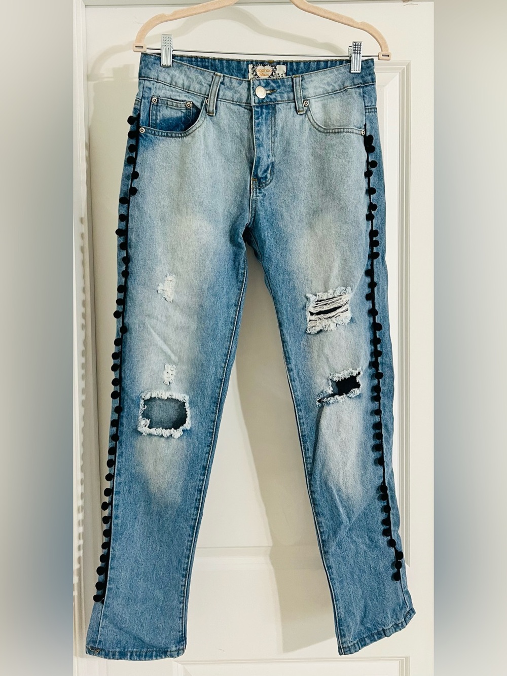 Boohoo Light Wash Straight Leg Jeans with Black Pom Pom Side Trim